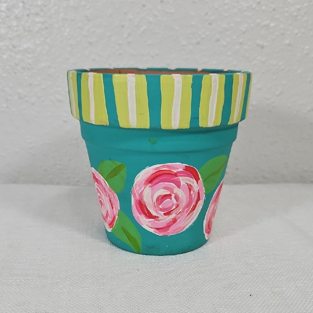 Hand-Painted Floral Terra Cotta Pot in Teal and Pink